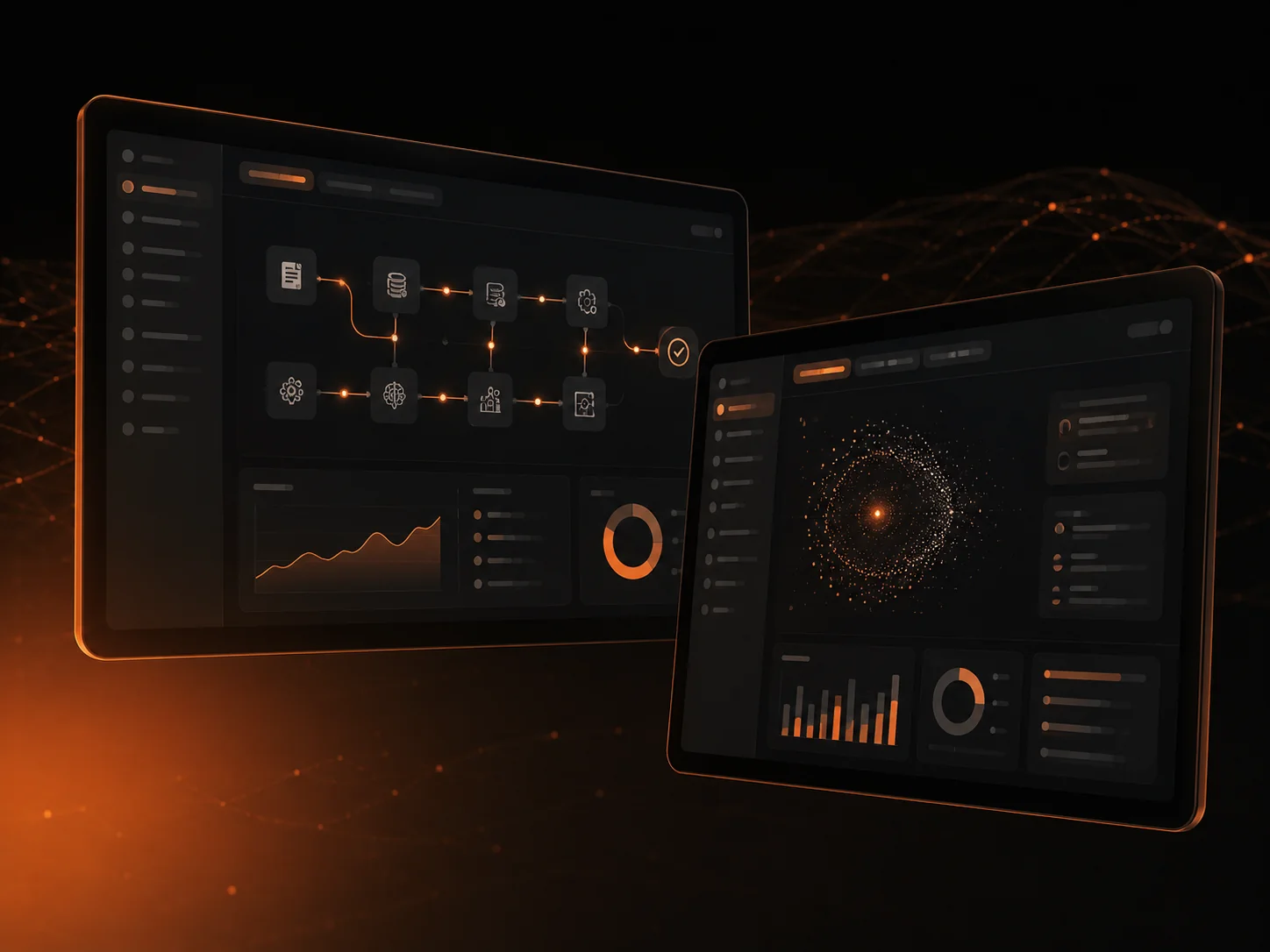 Software con inteligencia artificial integrada mostrando workflow automatizado y analytics en tablets
